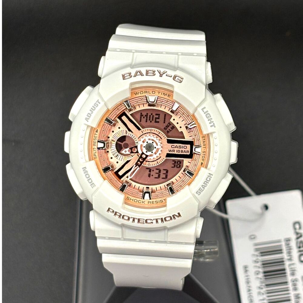 Casio Baby-G BA-110-7A1 White Rose Gold Analog Digital Women's Watch 100M NIBWT